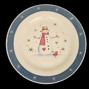 Set of 2 Snowman Christmas Dinner Plates 10.5" Blue Rim Holiday Winter Dinnerwar